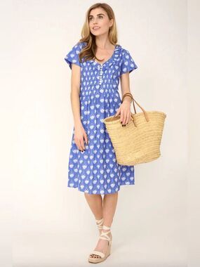 NWT At Last Cotton Karen Short Sleeve Day Dress in Wedgewood Blue Flower Sz 12